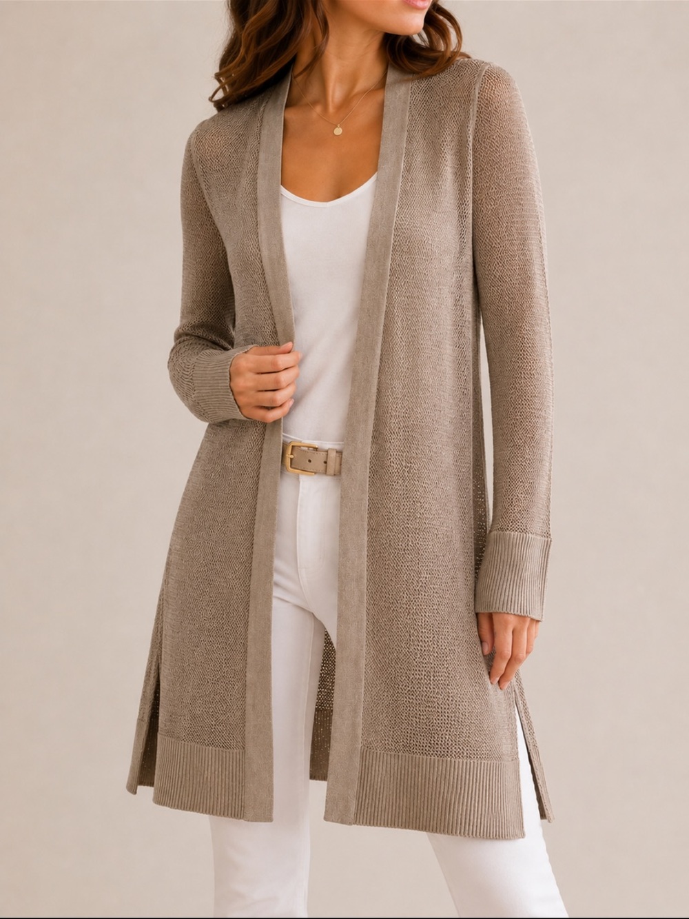 White House Black Market 100% Rayon Open Front Knit Cardigan – Taupe, S/P